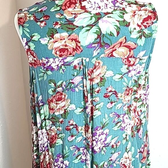 Umgee Mini-Dress Teal Orange/White Flowers, 1 Button Neckline & Loophole, Small - Picture 7 of 9